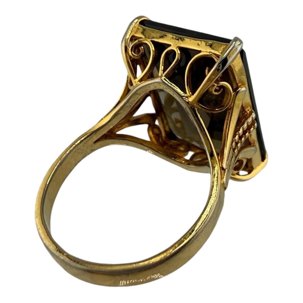 Womens Ring Size 8.5 Smoky Quartz 18K Gold Plated Filigree Faceted Rectangular - Picture 4 of 14